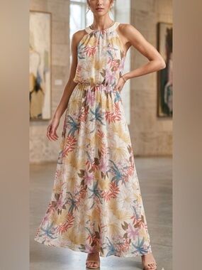 NWT! Robbie Bee Cream Maxi Dress with Coral, Teal & Mustard Floral Print Size 14